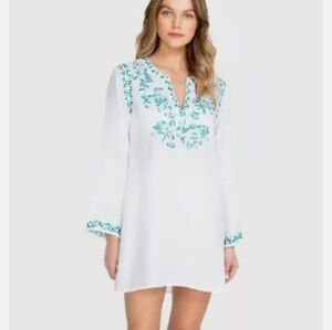 Johnny Was Marie White Tunic Dress with Blue Floral Embroidery  Accents Small